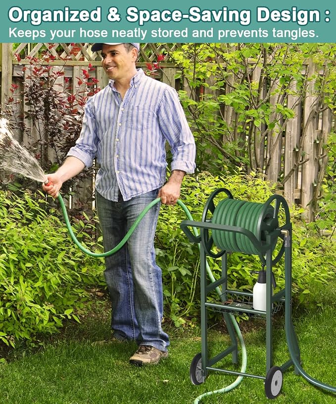 Artigarden Garden Hose Reel Cart with Wheels, Outdoor Heavy Duty Powder Coated Steel Water Winder Storage Holds 125 ft 5/8" Hose with 3.9ft Leader Hose and Basket for Backyard, Yard, Lawn, Green