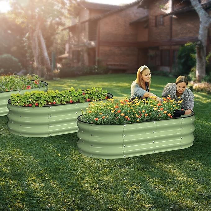 Winpull Raised Garden Bed Kit, 4x2x1 ft Galvanized Planter Box Outdoor with Safety Edging, Large Metal Raised Beds for Gardening Vegetables Flower Herb (Avocado Green)