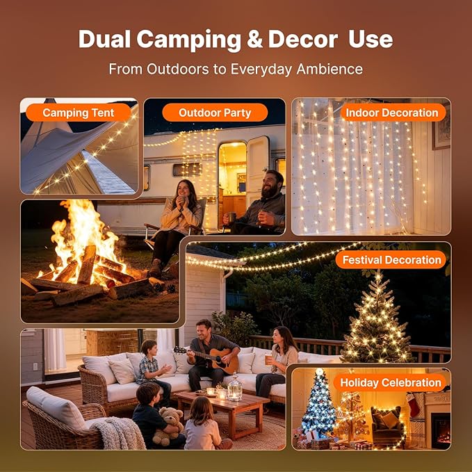 OGERY Solar Camping String Lights, 5400mAh/ 49.2FT/ 11 Modes Rechargeable Camping Lights Outdoor/Indoor, 4-in-1 Quick Storage Fairy Tent Lights Portable LED Lamp for Patio Yard Party Decor Essentials