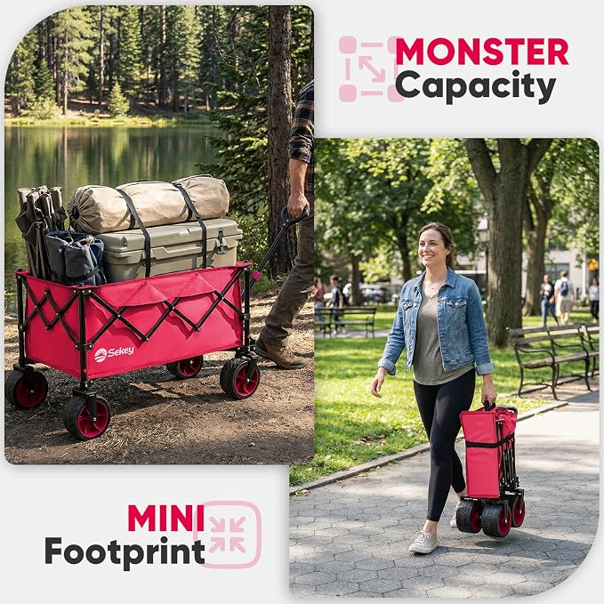 Sekey 150L Wagons Carts Foldable with Big All-Terrian Beach Wheels, Collapsible Heavy Duty Wagon, Extra Large Folding Wagon, Foldable Wagon for Camping, Garden, Sports. Pink