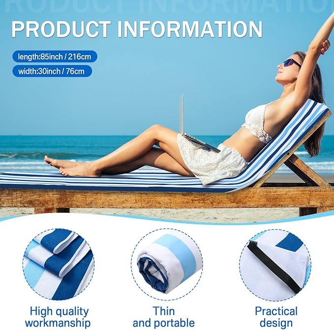 Fumete 2 Pack Lounge Chair Covers 30 x 85 Inch Pool Chaise Lounge Towels Microfiber Beach Chair Towel Portable Striped Outdoor Patio Furniture Cover for Sunbathing Picnic Spa(Blue and Dark Blue)