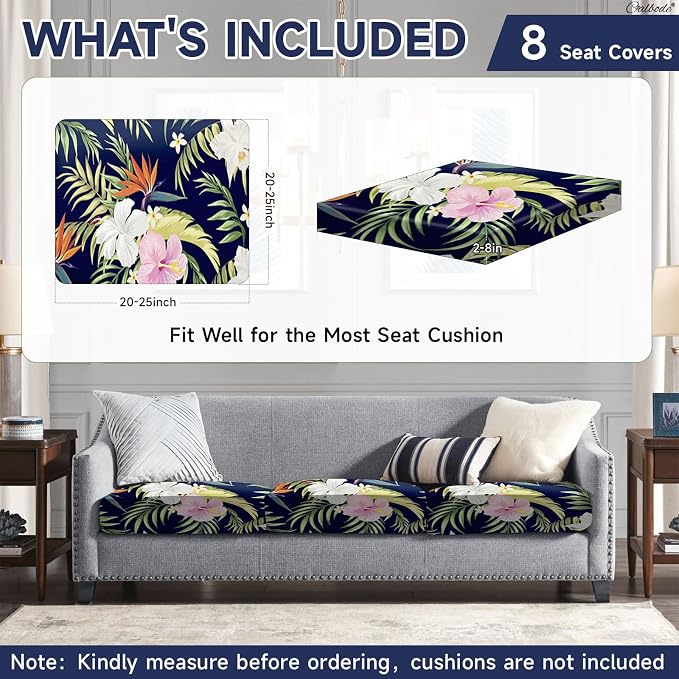 CALBODE 8 Pcs Stretch Outdoor Seat Cushion Covers, Washable Chair Seat Covers for Patio Furniture Cushions Soft Indoor and Outdoor Couch Cover Replacement (Navy Blue Botanical, Cover Only)