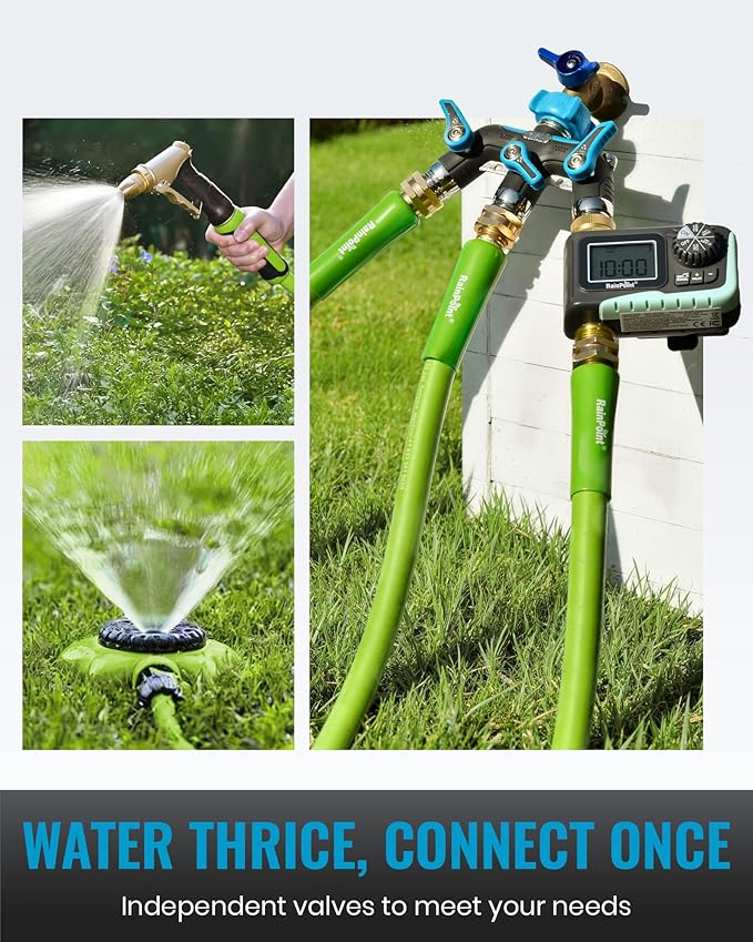 RAINPOINT 3 Way Hose Splitter, 100% Metal Heavy Duty Garden Hose Splitter With 1.9" Extra Long Handle & Individual Shut Off, 3/4 Inch GHT Thread Water Hose Connector For Outdoor Spigot Faucet (Blue)