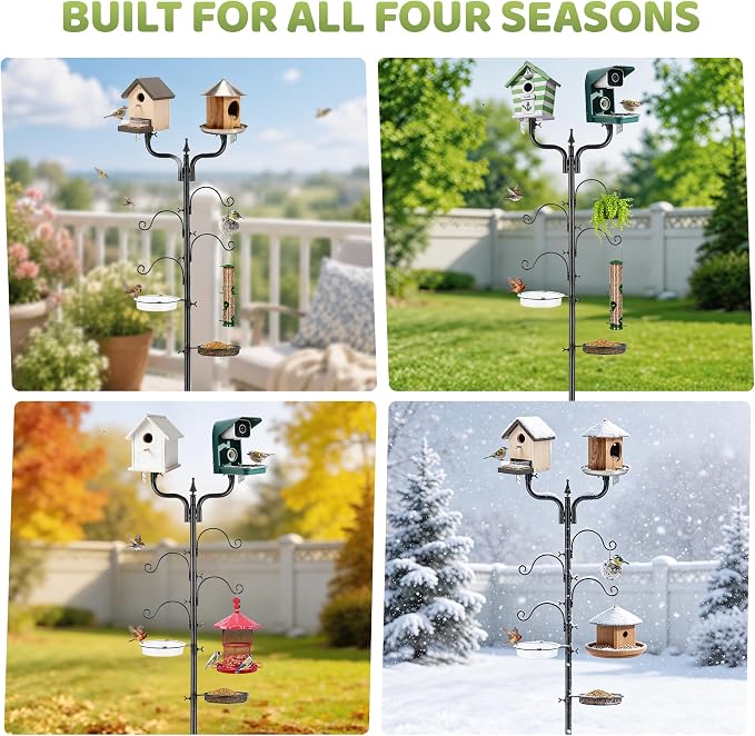 Upgraded Bird House Pole Heavy Duty Bird Feeder Pole Thickened Pole with 4 Hooks,Wind-Resistant Water Bowl,Mesh Tray,Y-Shape Platform Bird House Frame for Yard Garden Backyard(Not Include Birdhouse)