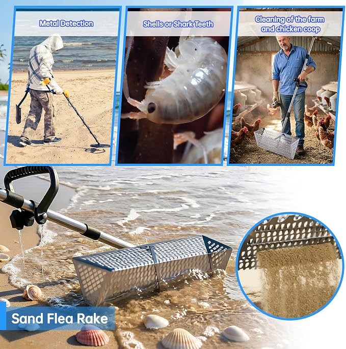 Sand Flea Rake，Detachable Long Handle Sand Sifter with Stainless Steel Sand Scoop Shark Tooth Sifter and Beach gloves with 16-Inch-Wide Drainage Mesh for Finding Fleas,Shells Shark Teeth,Yard Cleaning