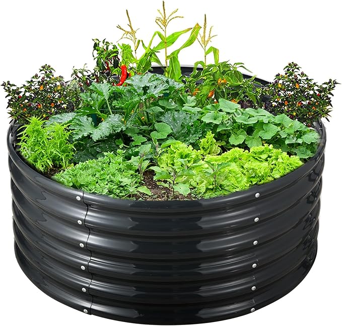 FORTUNO 17" Tall 3 FT Round Galvanized Raised Garden Bed Box Metal Outdoor High Flower Bed Steel Patio Ground Planter for Planting Vegetables and Herb, Dark Grey