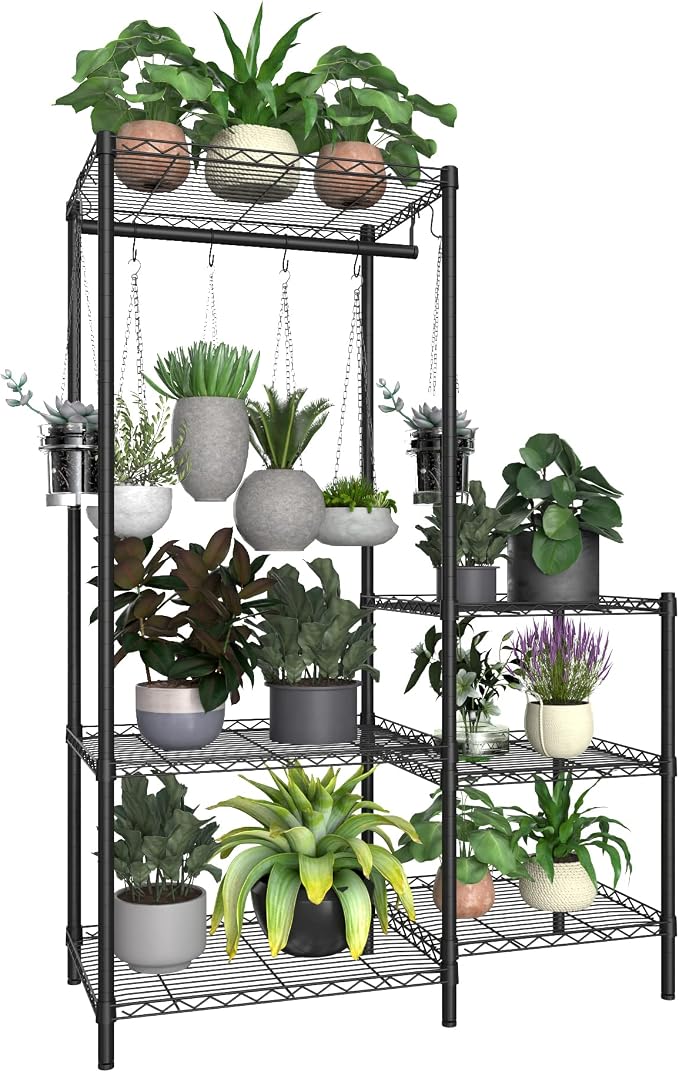 Xiofio 6-Tier Plant Stand for Indoor Outdoor,Metal Plant Shelf,Adjustable Plant Stand Suitable for Bedroom Living Room Balcony Garden,Black