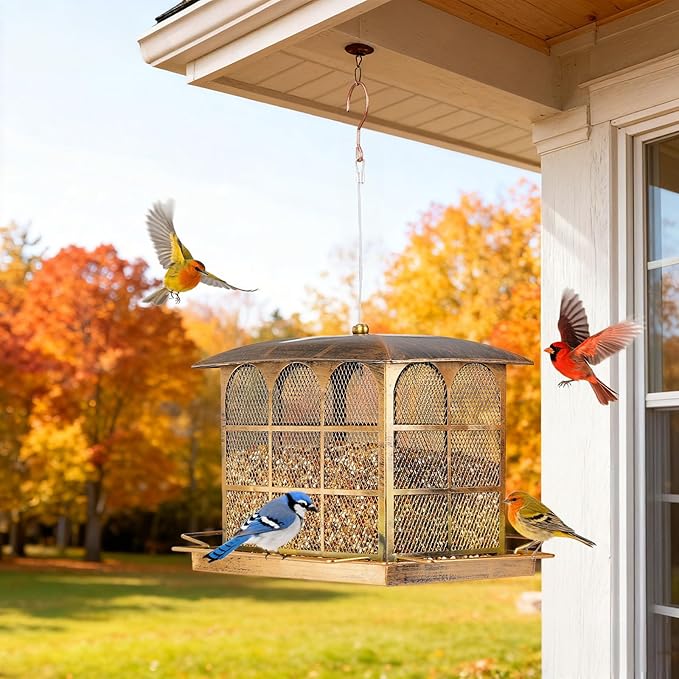 Large Bird Feeder, Heavy Duty Metal Bird Feeders for Outdoor Hanging, 9.5LB Seed Capacity Wild Birdfeeder for Outside Garden Decoration