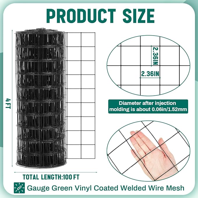 Gisafai 16 Gauge Galvanized Welded Wire Fence 4 ft x 100 ft PVC Coated Hardware Cloth, 2.36" x 2.36" Mesh, Heavy Duty Garden Fencing Roll for Chicken, Dog Yard, Deer Cattle & Animal Protection(Black)