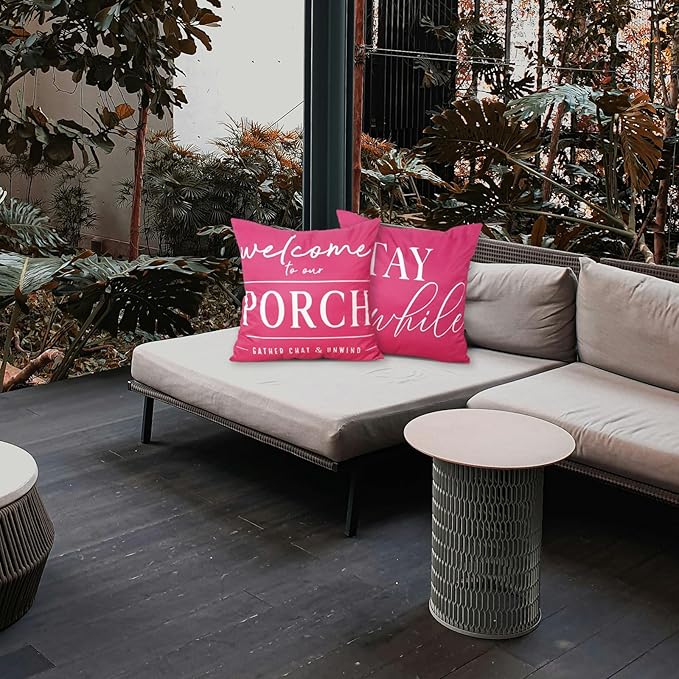 TAJWE Pink Outdoor Pillow Covers Waterproof 18x18 Set of 2 Decorative Welcome to Our Porch Stay Awhile Cushion Cases for Patio Furniture Sofa Couch Decor
