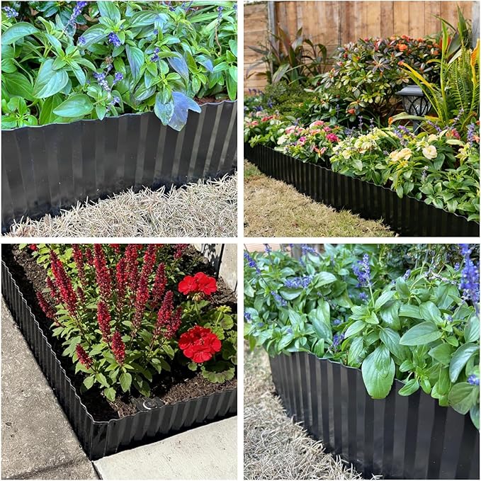 A ANLEOLIFE 40FT Galvanized Steel Landscape Edging Roll, 4" Tall Sturdy Flexible Corrugated Metal Lawn Border for Garden, Pathway & Flower Beds, Black