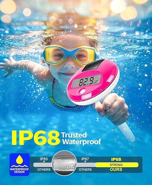 Sinbyuer 2026 Solar Digital Pool Thermometer with Rope | Easy Read Large LCD Display & Big Numbers Floating Pool Thermometer | High Precision & IP68 Waterproof Pools Temperature Gauge for Hot Tub-Pink
