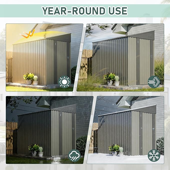 YOPTO 4x7 FT Outdoor Storage Shed,Metal Lean to Storage Shed with Reinforced Beams,All Weather Waterproof Garden Tool House W/Lockable Door & Reversible Installation,for Backyard,Patio,Lawn,Olive Gray