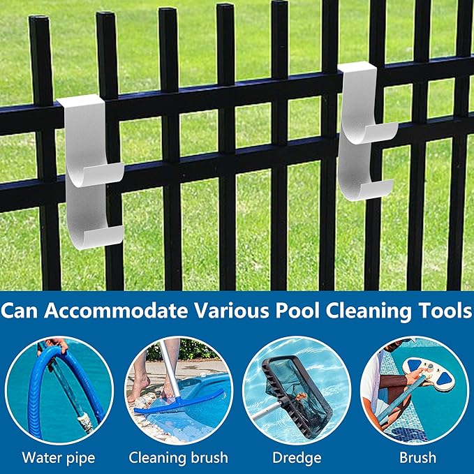 codree 2 PCS Pool Fence Hooks for Pool Equipment, White Heavy Duty Fence Hooks for Pool Poles, Slipe-on Fence Hanger for Pool Hose Pool Skimmer, Fit 3/4 Inch to 1-1/4 inch Railing