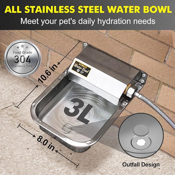 Automatic Water Dispenser for Dogs, Patented 3L Outdoor Dog Drinking Water Bowl, Stainless Steel Waterer Feeder Suitable for Chicken Livestock Animal,Fit 3/4'' GHT Faucet, Wall-Mounted, Easy to Clean