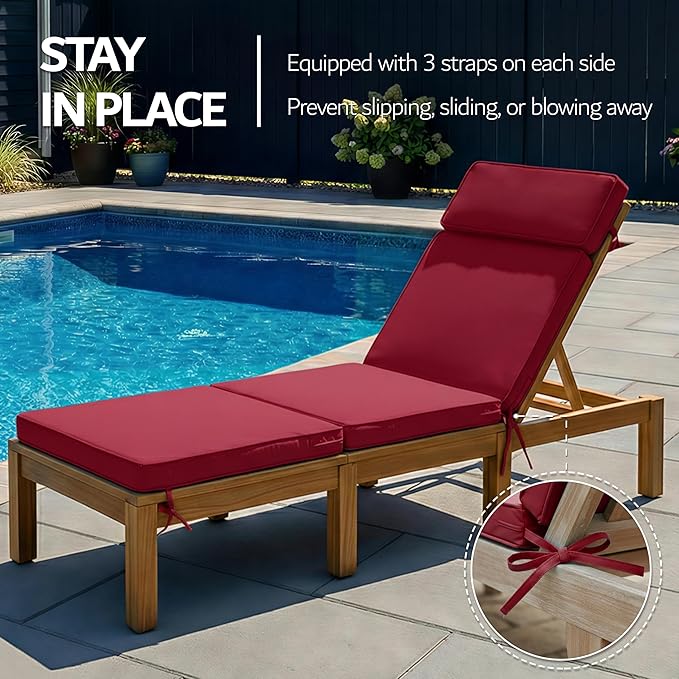80 x 26 Inch Outdoor Chaise Lounge Cushions Set of 2 - Removable Cover, 4-Section Design, Water-Repellent & Fade-Resistant, 6 Tie Straps, Replacement for Patio & Pool Chairs - Burgundy