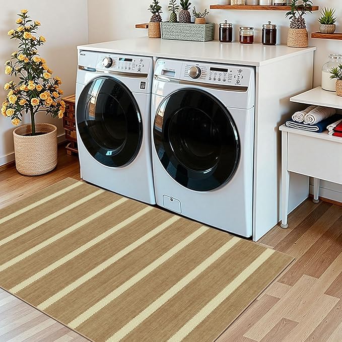 Striped 3x5 Entry Rug - Small Washable Indoor Outdoor Mats for Front Door Non-Slip Porch Rug Tan Beige Farmhouse Throw Rugs for Living Room Bedroom Entryway Kitchen Mudroom Office Porch Decor