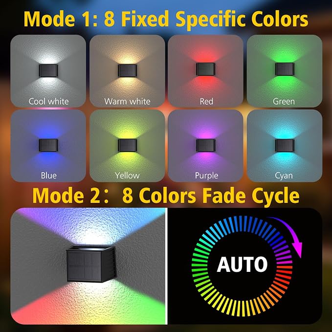 T-SUN Solar Fence Lights Outdoor, 8 Pack RGB Up and Down Decorative Solar Wall Lights with Adjustable Beam Angle, Color Changing & IP65 Waterproof Solar Wall Sconce for Patio Porch Yard Deck Stairs