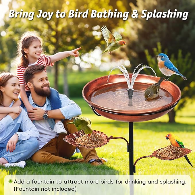 DRQ 35'' Metal Bird Bath for Outside, 12'' Dia × 2'' Deep Birdbath Bowl, Bird Feeder with 6.5'' 5-Pronged Base for Garden Decor, Patio, Yard, Lawn – Vintage Brown