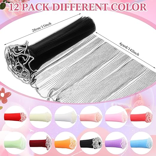 Gilprop 12 Pcs Flower Wrapping Mesh Paper, 11 Inch x 4 Yard Wavy Pearl Edge Wrinkled Flower Packaging Mesh, Florist Supplies for Teacher Mother's Day Gifts (Assorted Colors)