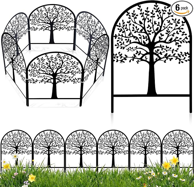 Yaocom 6 Pack Tree of Life Decorative Garden Fence Border 16.5''H x 11.8''W Animal Barrier Border Metal Arched Garden Fencing Panels for Easter Flower Bed Outdoor Patio Yard Decor