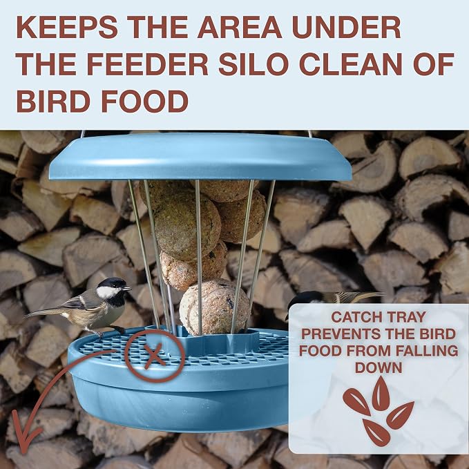 SWISSINNO Bird Feeders - No Mess Fat Ball/Suet Feeder for Outdoors Hanging - Smart Birds Lucerne Spill Proof Wild Cardinal Bird Feeder with Integrated Seed Catcher Tray - Light Blue