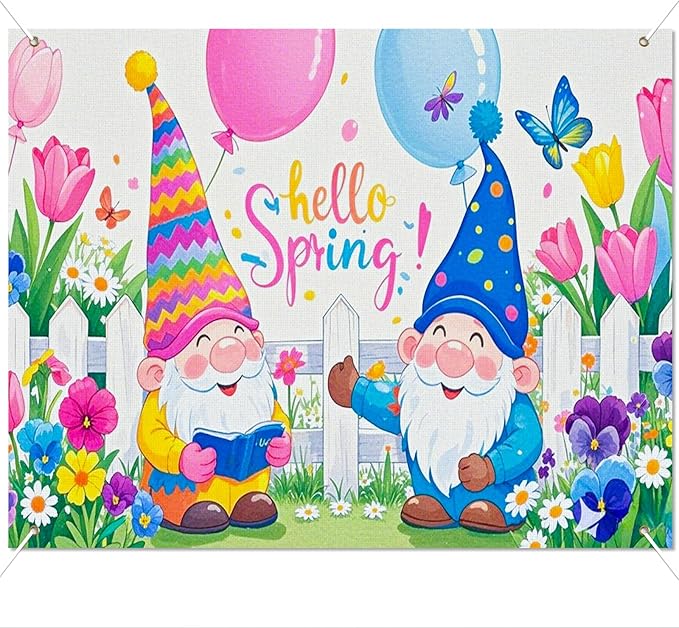 BlissYard 8x6ft Spring Gnome Garden Backdrop Hello Spring Photo Background Colorful Floral Party Banner Cute Cartoon Scene for Easter Baby Shower Birthday Classroom Event Photography Decoration