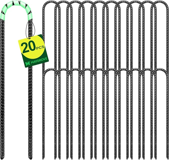Maygrove 12 Inch Rebar Stakes Heavy Duty 20 Pack, U Shaped Ground Stakes, Galvanized Steel Trampoline Stakes, Tent Anchor Kit Anti-Rust, Drip Hose Wind Stakes, Black