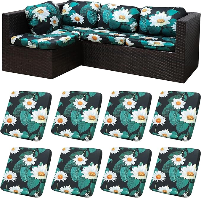 8Pcs Patio Cushion Covers,Outdoor Cushions Covers,Stretch Cushion Covers Replacement, Washable and Reusable Furniture Protectors(Daisy)
