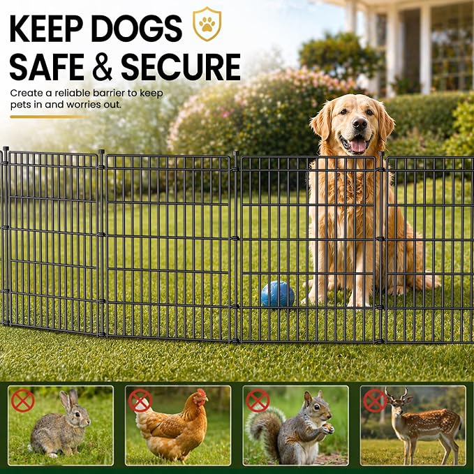 5 Panels No Dig Garden Fence with Gate, 34in(H) × 11.25ft(L) Decorative Metal Outdoor Dog Fence, Rustproof Pet Fencing for Yard, Patio, Flower Bed -Temporary Fencing| Easy to Install