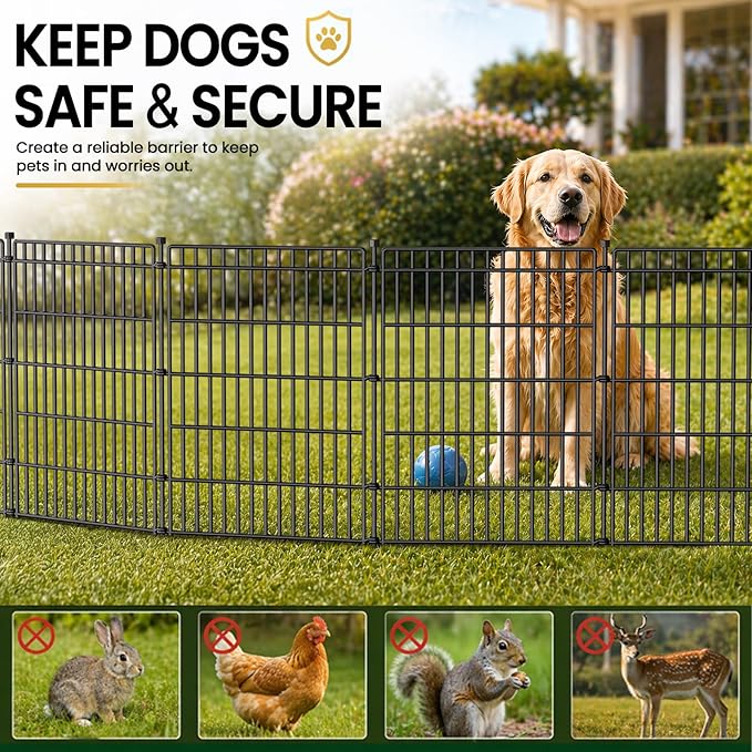 5 Panels No Dig Garden Fence with Gate, 48in(H) × 13.13ft(L) Decorative Metal Outdoor Dog Fence, Rustproof Pet Fencing for Yard, Patio, Flower Bed -Temporary Fencing| Easy to Install
