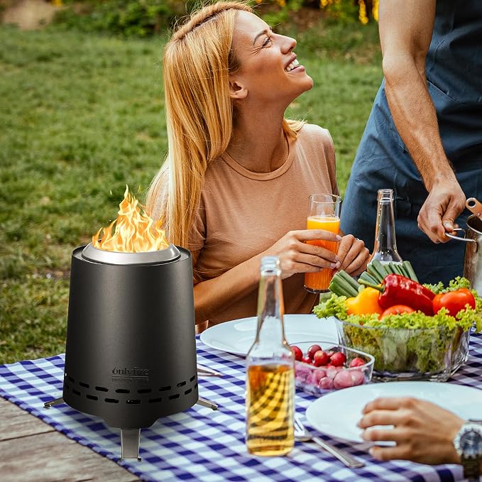 Smokeless Fire Pit with Carrying Bag & Top Bracket, 9” Portable Tabletop Fireplace, Wood Burning Camping Stove for Patio Backyard RV Tailgating, Stainless Steel, Black FP046