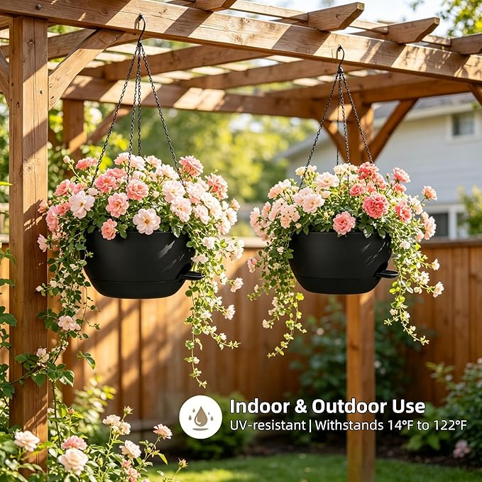 12" Self Watering Hanging Planters with Chains, Black, 2 Pack | 43 Oz removable self-watering reservoir, for indoor/outdoor plants, patio & garden