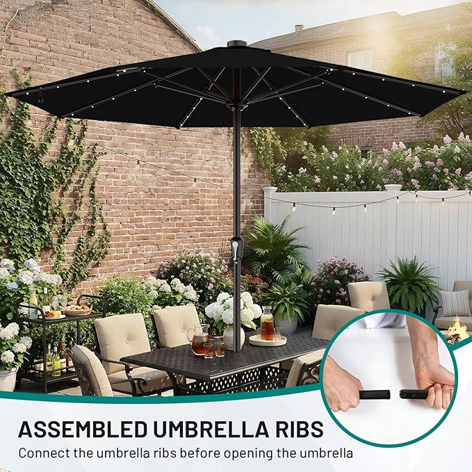 AreShark 11FT Large Patio Umbrella with Solar Lights, Lighted Solar Umbrella with Crank, Outdoor Table Market Umbrellas for Garden, Deck, Backyard, Pool and Beach, Black