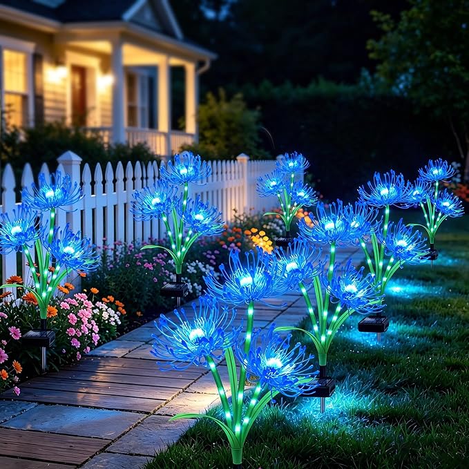 VOOKRY Solar Lights Outdoor, 4 Pack Blue Spider Lily Garden Flower Lights | 3Heads per Stem& Individual Solar Panels, Warm White LED Waterproof Yard Lawn Pathway Decor,Decorative Garden Gifts for Women