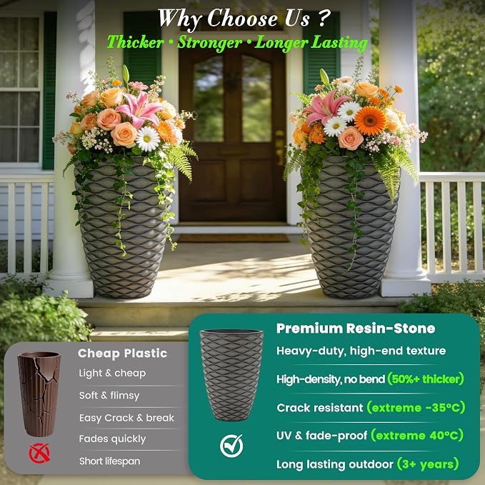 19" H Coastal Planter for Indoor/Outdoor Plants, Set of 2 Large Flower Pot with Drainage Hole, Weather-Resistant Resin Planters for Garden Patio Porch Home Office Decor, Rustic Black Wavy