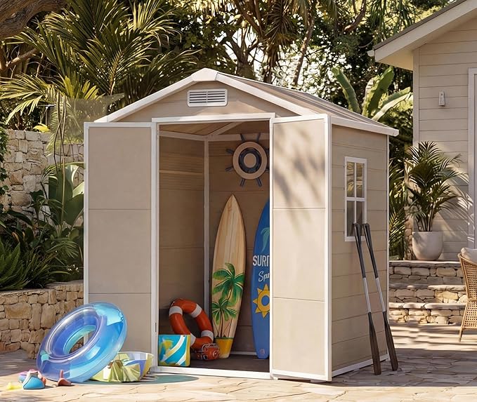 6x4 ft Outdoor Storage Shed with Floor, Plastic Resin Garden Shed with Window & Lockable Door, Tool Shed for Patio, Backyard, Lawn Mower, Bike Storage