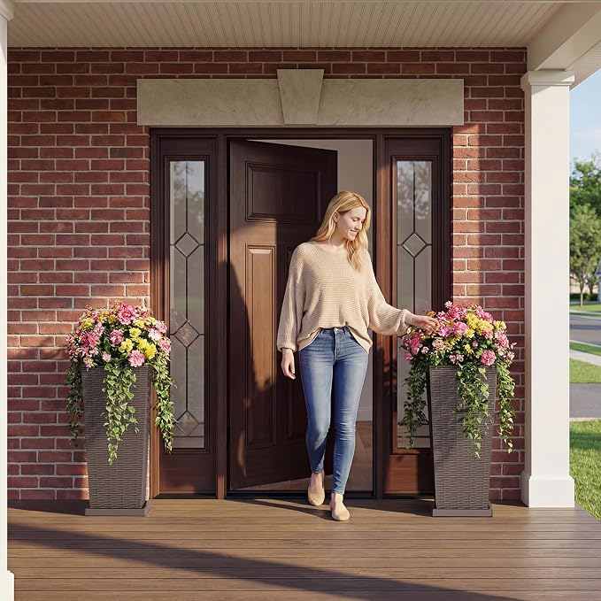 Devoko Resin Tall Planters for Outdoor Plants Set of 2, Large Taper Outdoor Planter Pots with 4 Drainage Holes, Flower Pots Modern Decor for Porch, Patio, Backyard, Garden(Brown, 30''with Trays)