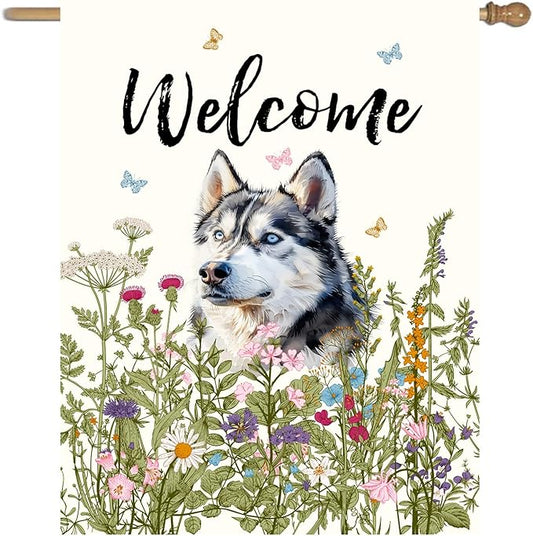 Floral Husky Terrier Garden Flag Spring Summer House Flags 28 x 40 Double Sided Flower Dog Yard Flags for Outside Large Outdoor Welcome Flags