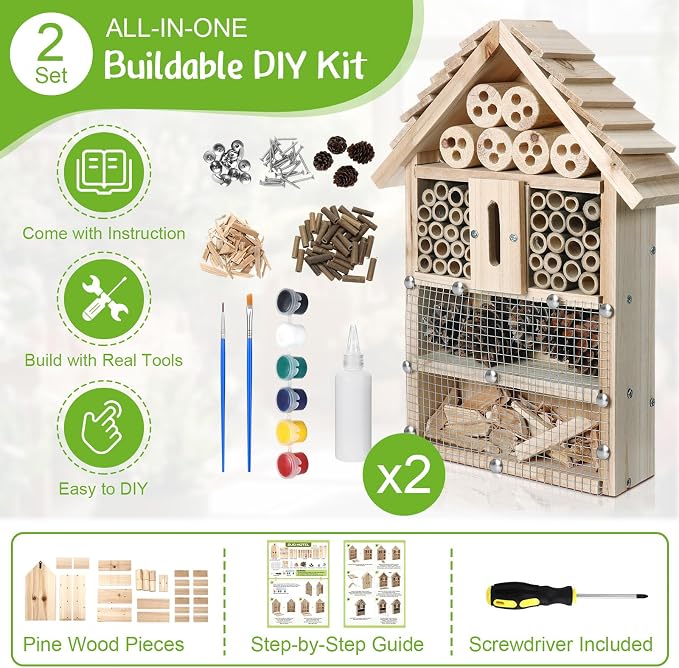 2 Set Bug Hotel Kit DIY Insect Hotel Lady Bug House for Garden DIY Cedar Wood Craft for Butterfly, Ladybird, Beneficial Insect Habitat Mason Bee House, 13.6 x 10.8 x 2.8 Inch(A)