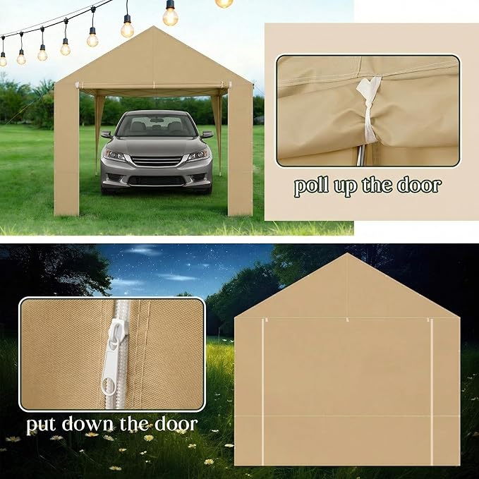 10 x 20 ft Carport Front Panel Tarp Khaki Canopy Shelter Replacement Cover with Opening Door Drill Holes on Both Sides Car Canopy Tent for Truck, Car, Boat
