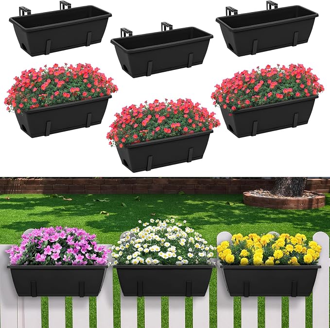 6 Pack Deck Railing Planter Boxes Black Window Boxes Planter Boxes with Adjustable Brackets, Outdoor Garden Fence Planters with Drainage Holes for Flowers, Herbs, Strawberry