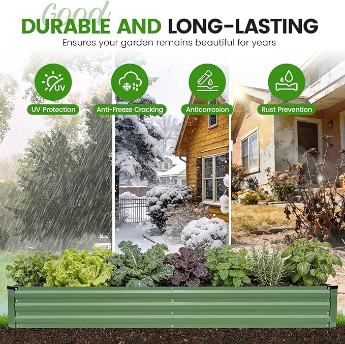 G GOOD GAIN 8x4x1ft Galvanized Raised Garden Bed, Heavy-Duty Metal Planter Boxes Outdoor for Vegetables Flowers Herbs, Olive Green(2 Pack)