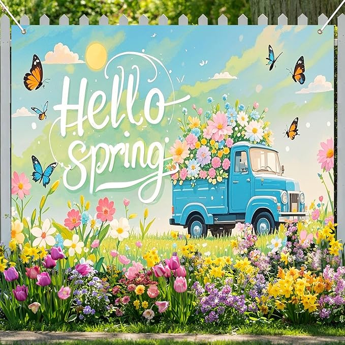 BlissYard Hello Spring Backdrop Decoration Garden Floral Banner 8x6ft Spring Photo Backdrop Vintage Truck Background for Spring Party Easter Celebration Photo Booth Event Wall Display