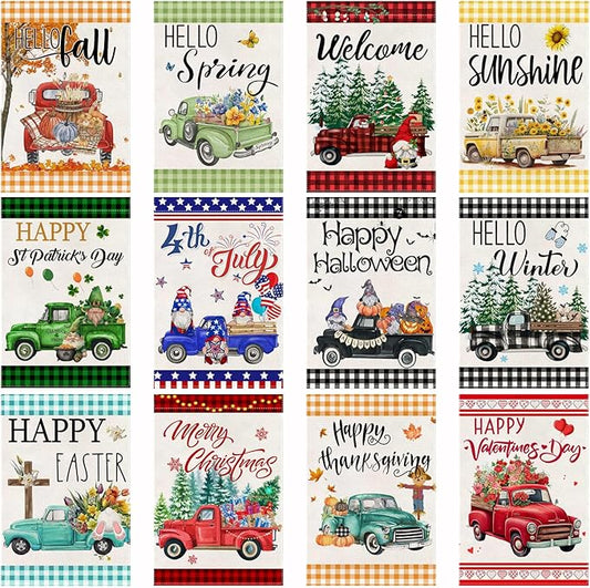 Seasonal Truck Garden Flags Set of 12 Double Sided 12 X 18 Inch Yard Flags Season Truck Garden Flags for Outside,Summer Fall Christmas Seasonal Flags for Outdoor Decorations for All Seasons