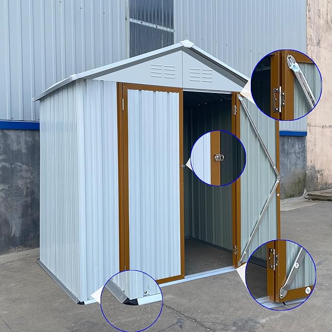4x6 FT Outdoor Metal Storage Sheds with Apex Roof,Single-Storey Waterproof Roofed Structure Garden Shed w/Lockable Doors,for Lawn Equipment Tool Sundries,White+Yellow