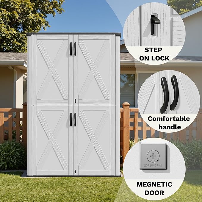 Devoko 50 Cu Ft Plastic Outdoor Storage Shed, Vertical Resin Storage Cabinet with Lockable Door, Durable Storage Shed for Patio Furniture, Pool Toys, Garden Tools, White, Shelf Not Included
