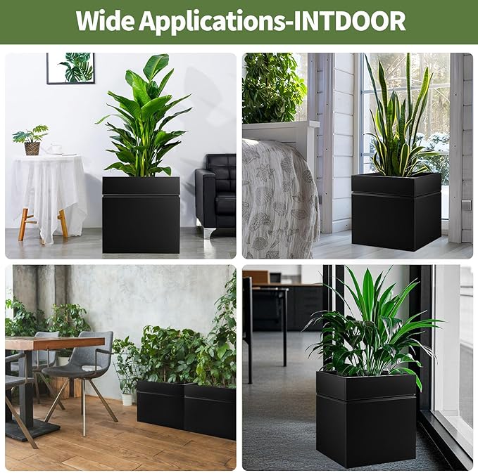 Matel Planter Box 17" L x 17" W x 18" H, Cube Heavy Duty Powder Coating Steel Planters with Drainage Hole, Indoor Outdoor All-Weather Use for Home, Porch, Patio, Hotel(Black)