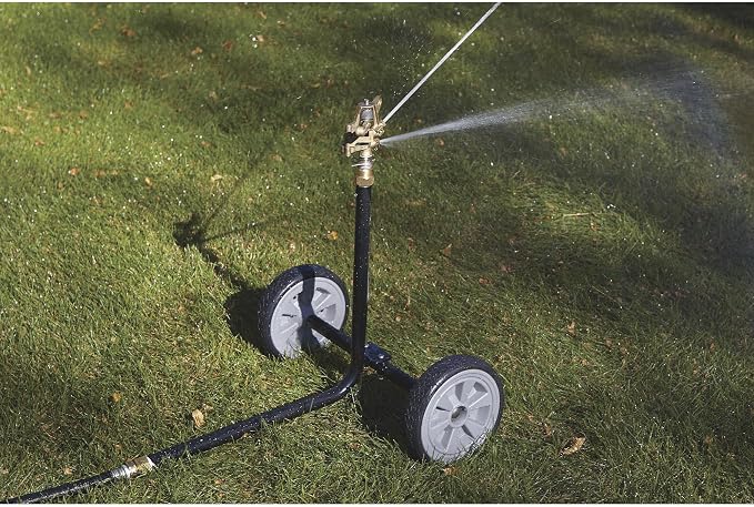 Strongway Wheeled Sprinkler, 3/4 in. Brass Head with 2 Nozzles, 100 Ft. Diameter Coverage, 7800 Sq. Ft., 6-10 GPM, 8 in. Poly Wheels, Adjustable Full and Partial Circle, for Lawn and Garden
