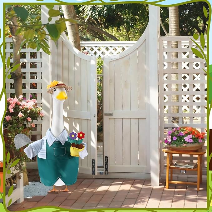 Gardener Porch Goose Outfits for 23 Inch Lawn Statue, Spring Gardener with Flower Pot and Shovel Costume for Plastic/Cement Statue, Summer Sculpture Clothes for Yard Patio Party Decoration